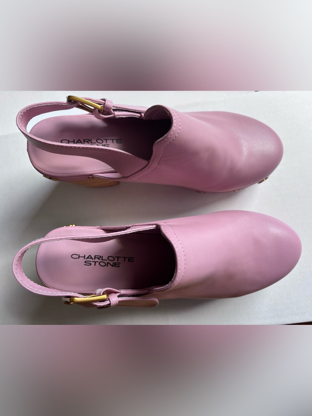Charlotte Stone Hari Slingback High Heel Clog Size 9 Peony Leather Gold Flower - Picture 3 of 6